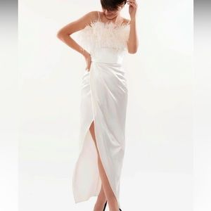 White Silk Midi Dress with Feather Trim- SMALL